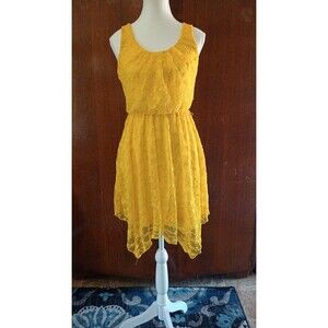 Yellow Floral Lace Dress Sz S Knee Length Easter Fairy preppy Sheer Spring Beach